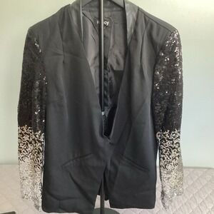 HANCY Women's Black Tuxedo Style Jacket‎ Blazer Ombre Silver Sequinned Sleeve XL